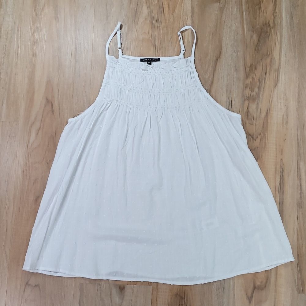🔹️NWT Staccato White Smocked Neck Swiss Dot Sleeveless Blouse Medium
